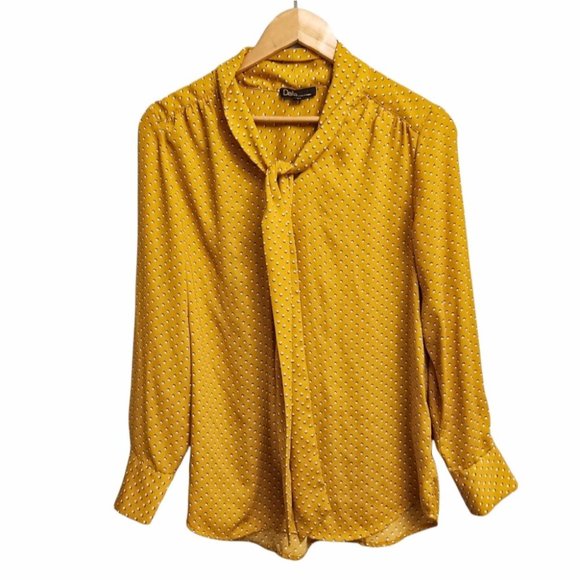 Dalia Tops - Dalia Polka Dot Tie Neck Long Sleeve Blouse Yellow Size Small